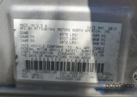 2012 Mitsubishi Galant Es из США, поврежденный, VIN 4A32B3FF1CE023534